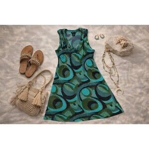 BCBGMAXAZRIA Geometric Print Ruched Jersey A-Line Dress | V-Neck Sleeveless M